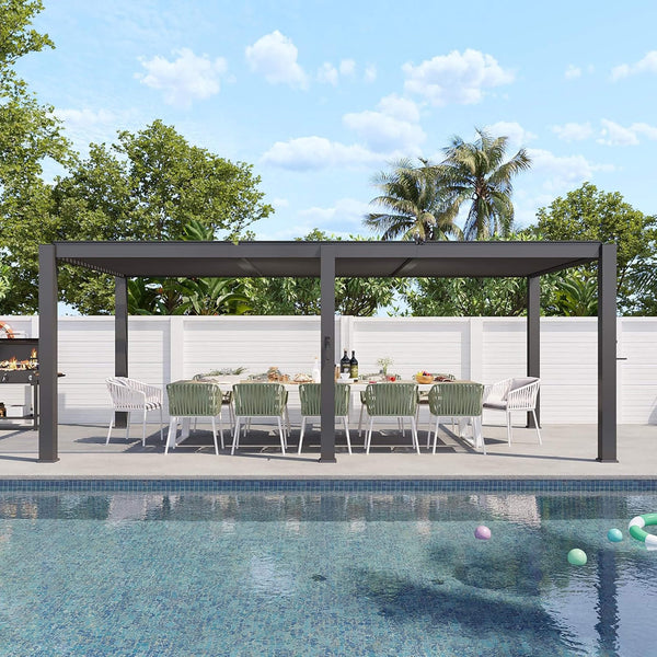 Premium Gray Outdoor Metal Pergola With Louvered Roof And Drainage System